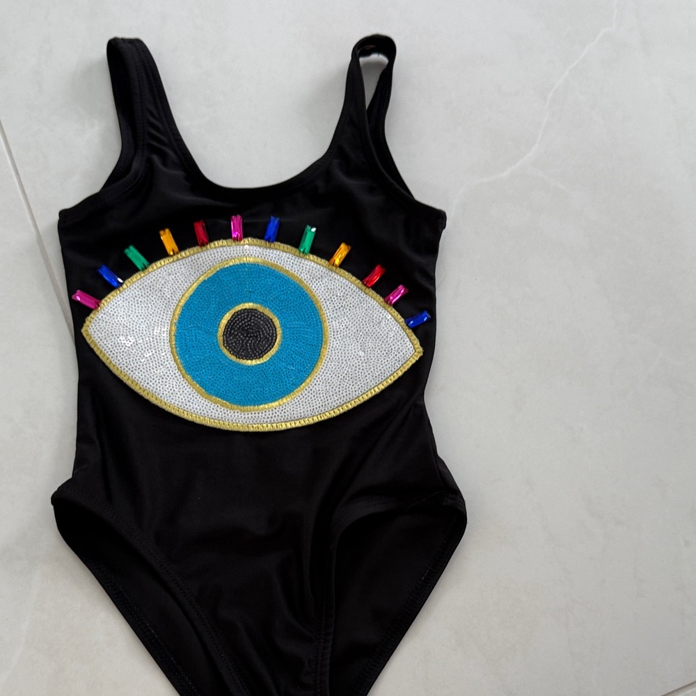 Lola + The Boys Black Kids One-Piece Swimsuit with Multicolor Eye Beadwork